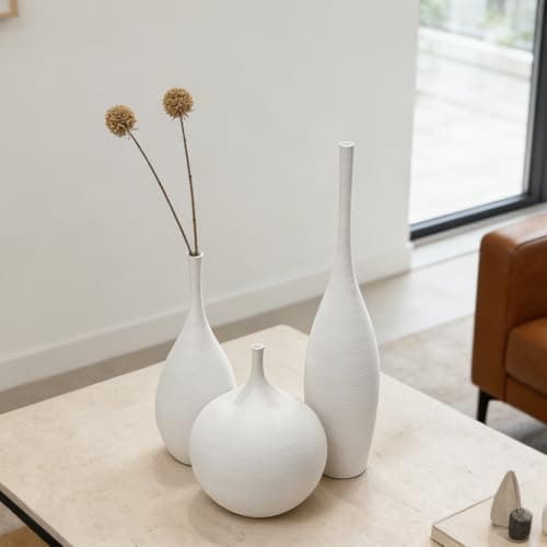 DecoVlog White Ceramic Vase Set of 3, Modern Boho Vases for Centerpiece Decor, Matte Minimalist Decorative White Vases Home Decor, for Living Room, Bookshelf, and Entryway Table Decor - Thumbnail 6