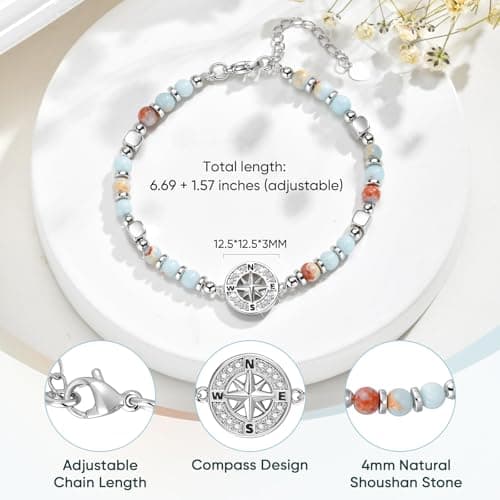 Retirement Bracelet Gift for Her -Natural Stone Compass Beaded Bracelet for Women, Dainty Stack Bracelet Trendy for Travel/ Going-Away/ Retirement Farewell for Coworkers, Friends,Teachers, Employees - Thumbnail 4