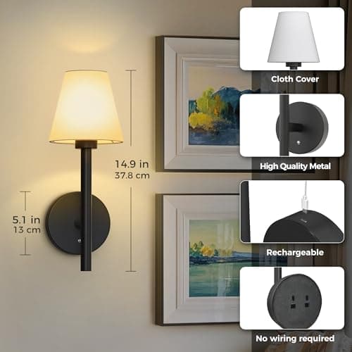 L LOHAS LED Battery Operated Wall Sconce & Table Lamp Set of 2, 10000mAh Battery Powered Dimmable Wall Lamp with App, 15 DIY Color, Wireless Sconces Wall Decor for Living Room, Bedroom, Black - Thumbnail 6