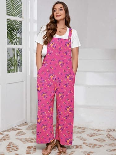AusLook Plus Size Women's Adjustable Straps Jumpsuits Pink Osmanthus 2X Casual Loose Wide Leg Overalls with Pockets - Thumbnail 4
