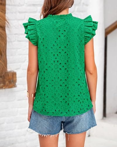 BTFBM Spring Summer Tops for Women 2026 Dressy Casual V Neck Ruffle Cap Sleeve Embroidered Eyelet Blouses Resort Wear(Green, XX-Large) - Thumbnail 3