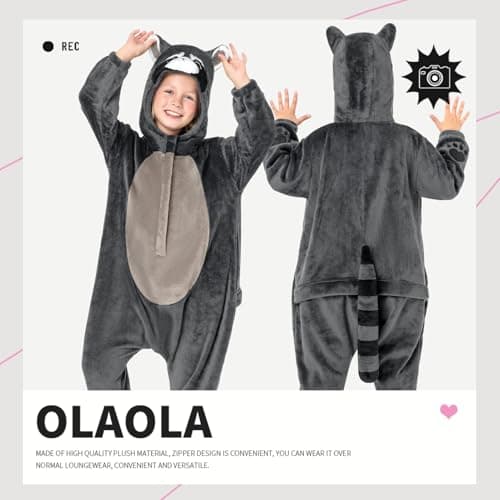 OLAOLA Raccoon Kids Onesie, Thanksgiving Unisex Animal Onesies, Plush Cosplay Pajamas for Girls Boys, One Piece Sleepwear Halloween Costume - Thumbnail 2