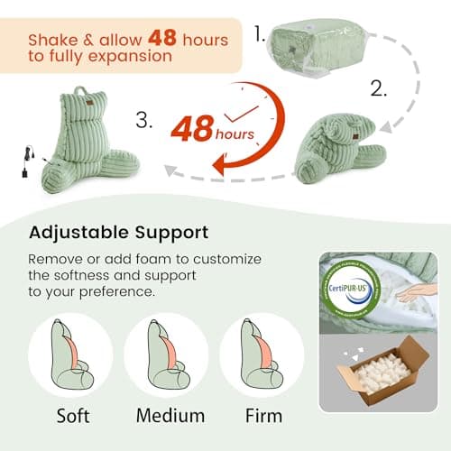 Amélie Home Heated Faux Fur Reading Pillow 3 Temperature Backrest for Sitting in Bed Support Cushion, USB-Powered(No Power Bank Included) Warming (113°F-131°F), 3H Auto Shutoff, Sage Green, 26 Inches - Thumbnail 3