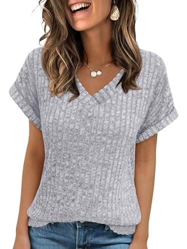 ANRABESS Women Tops Summer Sweaters Short Sleeve V Neck Shirts 2026 Spring Fashion Dressy Casual Business Tunic Blouses Grey Small - Image 1