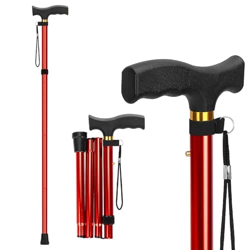 supregear Folding Cane, Lightweight 5-Level Adjustable Walking Stick with Wrist Strap and T-Handle, Portable Mobility Aid for Elderly and Disabled Men and Women, Red - Image 1