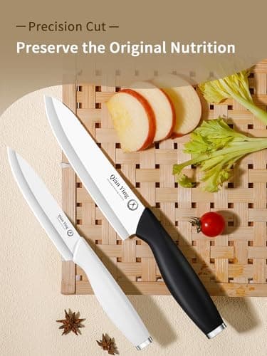 Ceramic Knife Set for Kitchen with Sheath: 100% Zirconia Pure Ceramic Sharp Blade Fruit Cutting Knives 9Pcs with Cover Rustproof Clean Cut Edge Black Handle, Black and White - Thumbnail 4