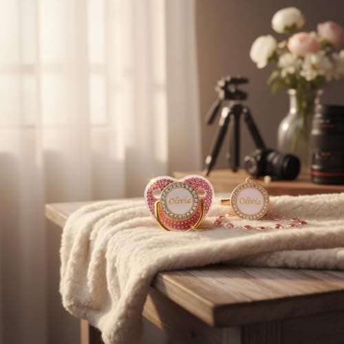 Custom Pacifier with Name, Bling Personalized Pacifier Clip Set with Gift Box, Glitter Crystal Luxurious Soother Dummy Ideal Gift for Boys Baby Shower Newborn Photography(Bling Pink) - Thumbnail 3