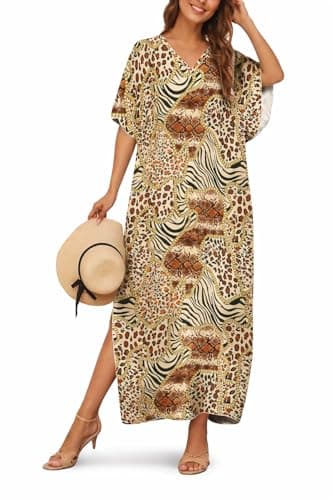 Kaftan Dresses for Women Plus Size Mixed Print V-Neck Caftan Maxi Beach Dress Bathing Suit Cover Up Loungewear - Image 1