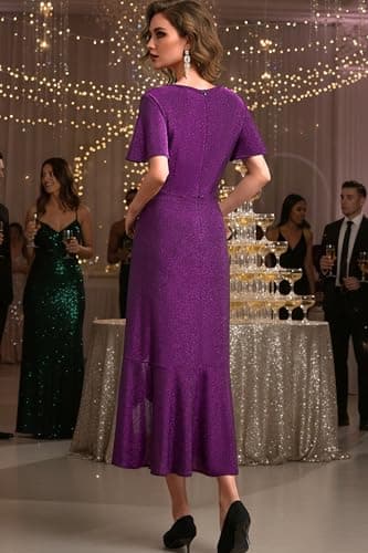 Autumn Flowerwall Women Plus Size Wedding Guest Dress Sparkle Purple 2XL Lustrous Knit V Neck Flutter Sleeve Cocktail Dress A-Line Formal Party Gowns Curvy Evening Elegant Slit Dress - Thumbnail 3