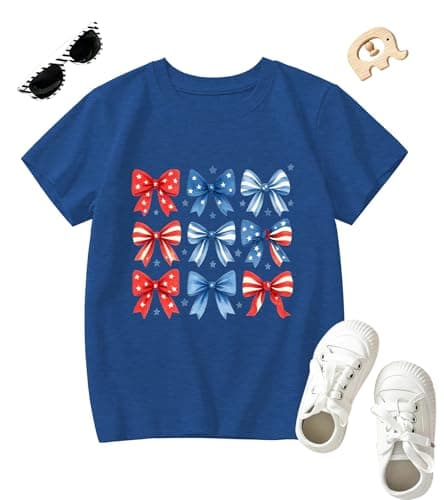 4th of July Bow Flag Shirt Kid-Cute Bow Girl Tee Tops 250 Years America Boy Tops Patriotic Toddler Short Sleeve - Image 1