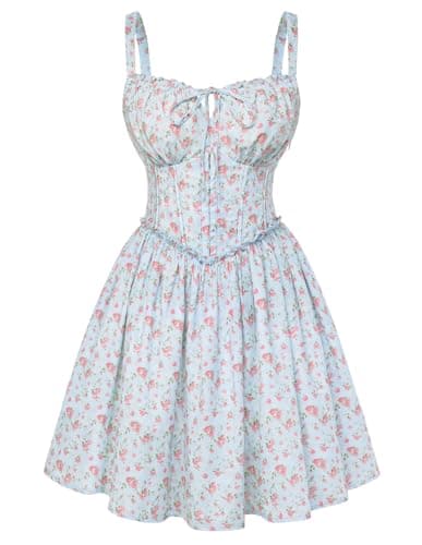 Scarlet Darkness Floral Corset Dress for Women 2026 Summer Sundress Lace Up Mini Milkmaid Dresses with Pockets - Image 1