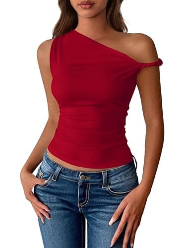 BTFBM Off The Shoulder Tops for Women 2026 Cute Summer Casual Sleeveless Slim Fit y2k Spring Outfits Going Out Tank Top(Red, Small) - Image 1