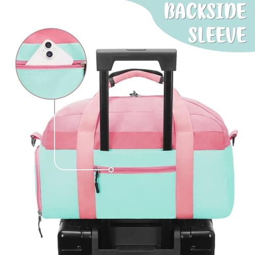 WOOMADA Travel Duffle Bag, Weekend Bag with Wet Pocket & Trolley Sleeve, Overnight Bag With Shoe Compartment, Fit for Sports Practice, Travel and Gifts(pink green) - Thumbnail 6