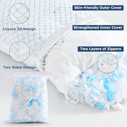 mislili Cooling Pillows Queen Size Set of 2, Adjustable Firm Shredded Memory Foam Queen Pillow, Queen Size Pillows for Stomach Back Side Sleepers, Washable Cover, with Extra Fill - Thumbnail 3