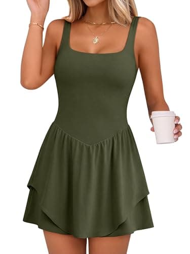 Caracilia Women Tennis Dress Square Neck 2 Layers Hem Built in Shorts and Bra Workout Athletic Golf Dresses with Pocket Army Green Medium - Image 1