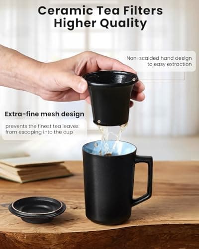 Foinly 15 oz Ceramic Tea Infuser Cup with Lid - Tea Mug with All Porcelain Strainer for Loose Leaf Teas,Microwave and Dishwasher Safe,Metal-Free,BPA-Free for Tea Lovers/Father's Day (Black) - Thumbnail 3