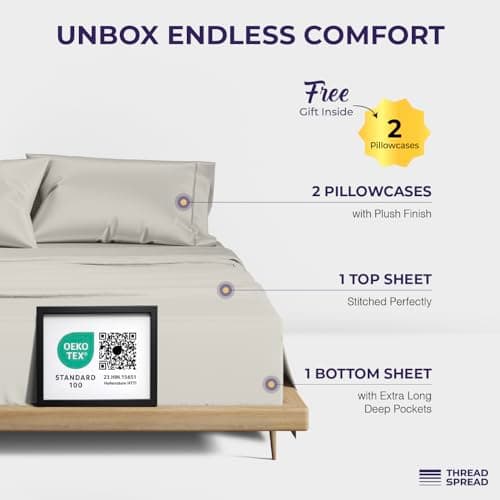 THREAD SPREAD 100% Egyptian Cotton Queen Sheet Set - 2000 Series Luxury Sheets Queen Size Bed Set (4 PC, Light Grey), Silky Soft & Cooling Sateen, 17 Inch Extra Deep Pocket Hotel Collection Sheet - Thumbnail 3