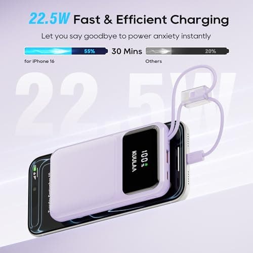 Kuulaa 10000mAh Portable Charger with Built-in USB-C & Lightning Cables, Slim Travel Power Bank with LED Display, 22.5W Fast Charging for iPhone 17/16/15/14/13/12 Android, Purple - Thumbnail 2