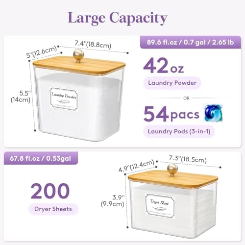 Lifewit Large Laundry Pods Container& Dryer Sheet Holder, Laundry Storage Containers, Laundry Room Organization Storage Jars for Powder, Scent Booster Beads,Bamboo Lid,0.53+0.7 gal,4 Pcs - Thumbnail 2
