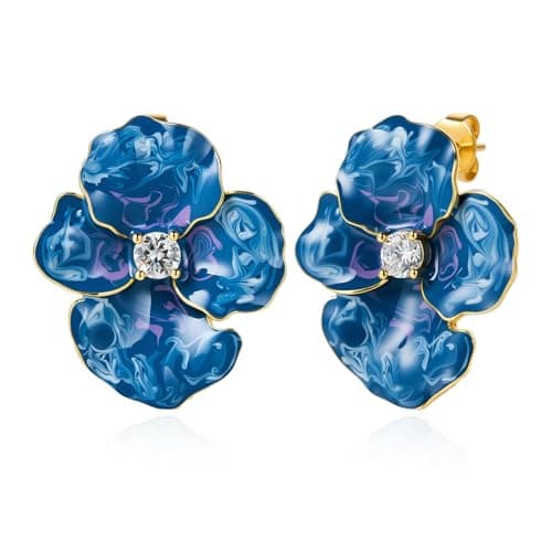 Cicy Bell Flower Earrings for Women 18k Gold Plated Blue Pink Earrings Iris Enamel Cubic Zirconia Spring Summer Boho Statement Stud Earrings Trendy Jewelry Gifts - Image 1