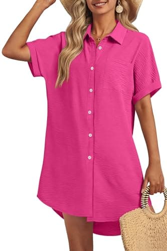 GKBK Women Swimsuit Coverup Shirt Dress Button Down Bathing Suit Cover Up Beachwear Hot Pink M - Image 1