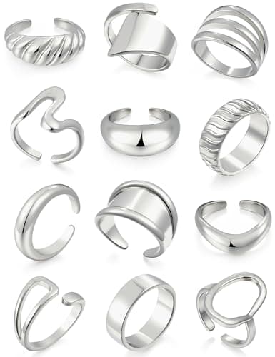 17 MILE 12 PCS Chunky Silver Rings for Women, Statement Open Stacking Rings, Stackable Knuckle Band Ring Set