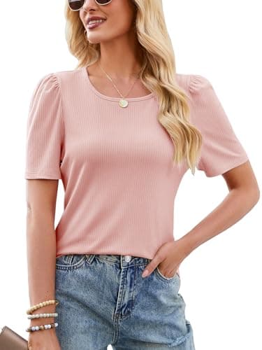 IYICLOTH Women's Puff Short Sleeve Tops Casual Spring Summer Textured Tees Crewneck T-Shirts Ribbed Knit Solid Blouses Trendy,M Pink - Image 1
