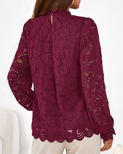 KIRUNDO Blouses for Women Dressy Casual Lace Long Sleeve Tops Mock Neck Ruffle Shirts 2026 Spring Fall Fashion Clothing(Burgundy, Large) - Thumbnail 2