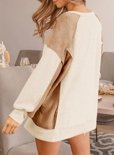 Dokotoo Womens Sweatshirt Oversized Waffle Knit Sweater Color Block Crewneck Sweatshirts for Women Long Sleeve High Low Casual Cozy Pullover Shirt Tops Fall Fashion Outfit Clothes 2024 White Small - Thumbnail 2