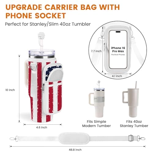 BOCMTR Water Bottle Holder with Strap for Stanley 30/40 oz Tumbler, Fashion Stanley Cup Bag with Big Phone Pocket, Silicone Boot, Straw Cover & Leak Proof Stoppers (U.S. Flag) - Thumbnail 3