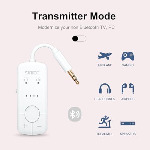 Sunitec Bluetooth 5.3 Transmitter for Airplane Connect 2 Headphones or Earphone: Wireless Plane Adaptor with 3.5mm AUX Audio Jack for Flight Airline Travel Gym - Support aptX HD Adaptive 35Hrs Lasting - Thumbnail 5