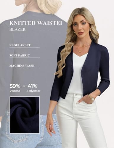 GRACE KARIN Women Cropped 3/4 Sleeve ShrugsLightweight Open Front Knit Cardigan Sweater Dressy Casual V Neck Jacket Navy XL - Thumbnail 5