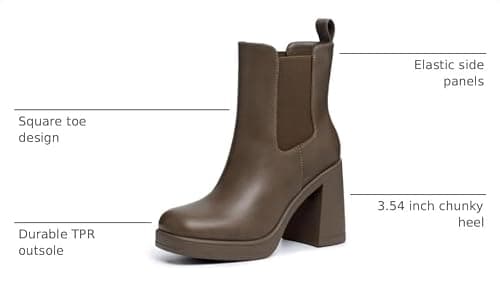 Athlefit Women's Chelsea Platform Boots High Chunky Heel Brown Ankle Boots Square Toe Slip On Elastic Heeled Booties Size 7.5 - Thumbnail 3