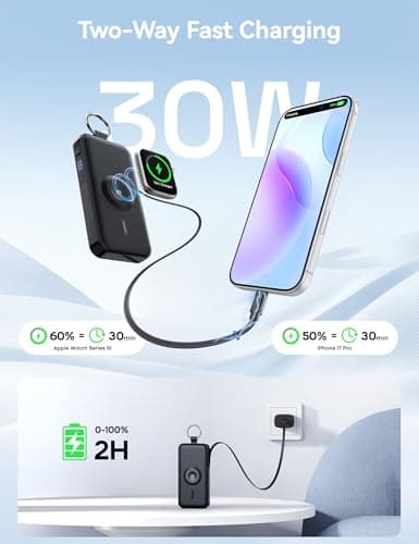 RORRY CharmGo Portable Charger, 12000mAh 30W Fast Charging Power Bank with Built-in Retractable USB C Cable, Battery Pack with Keychain, Travel Essentials for iPhone, Apple Watch, iPad, Black - Thumbnail 2