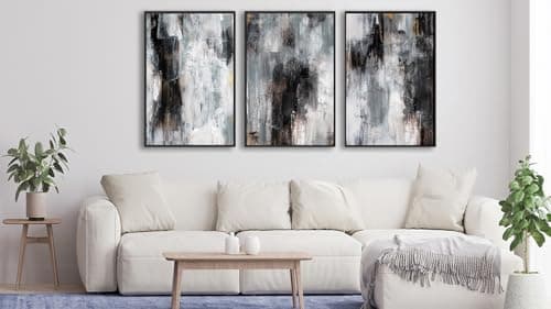 Large Framed Abstract Wall Art - Rustic Grayscale Painting Prints 24"x36" Set of 3, Minimalist Brushstroke Artwork Modern Industrial Canvas Pictures for Living Room Bedroom Office Decor - Thumbnail 2