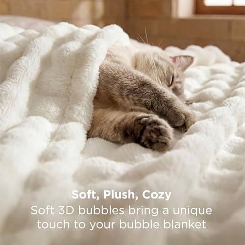 Bedsure 3D Bubble King Throw Blanket for Bed - White Soft Fluffy Blanket for Sofa Room Decor - Luxury Gifts for Women Girls, Lightweight, All Seasons, Off White, 108"×90" - Thumbnail 3