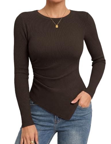 GRACE KARIN Womens 2026 Long Sleeve Tops, Ribbed Knit Basic Blouses, Stretch Fall Shirts Dressy Casual Clothes, Coffee 2XL - Image 1