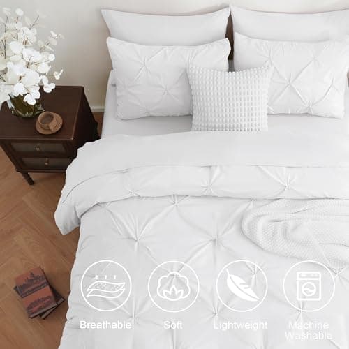 DOWNCOOL 7 Pieces White Full Size Comforter Sets, Pintuck Pinch Pleat Bed in a Bag, Soft Microfiber All Season Bedding Set for Bedroom with Sheets, Pillowcases & Shams - Thumbnail 3
