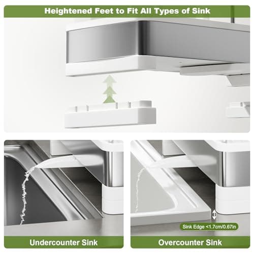 Ewaiira Stainless Steel Sink Caddy, Sponge Holder for Kitchen Sink with Brush Holder & Dishcloth Rack, Rustproof Organizer Countertop, Soap Dispenser Kitchen Organizers Storage Essentials, White 9.8″ - Thumbnail 6
