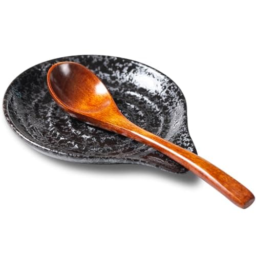 Spoon Rest, Ceramic Utensil Spoon Spatula Ladle Holder, 6 Inches Spoon Holder for Countertop, Coffee Bar Accessories Dishwasher Safe, Utensil Rest for Kitchen Counter Splash Black - Image 1