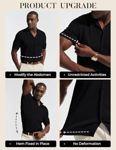 PJ PAUL JONES Black Polo Shirts for Men Casual Button Down Golf Polo Shirts Knit Textured Summer Polo T Shirts Black L - Thumbnail 5