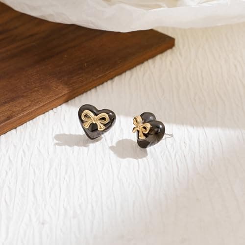 Lnmoieu Heart Stud Earrings for Women 14K Gold Plated Black Heart Earring Dainty Bow Earring Fashion Jewelry Gifts - Thumbnail 5