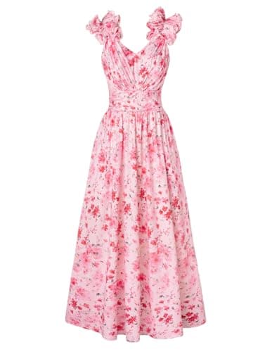 GRACE KARIN 2025 Women's Summer Floral Print Sleeveless Long Casual Flowy A Line Ruffle Wedding Guest Maxi Dress Pink Red 2XL - Image 1