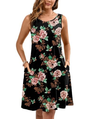 Heymoments Women Summer Dress Black Pink Floral Medium Sleeveless Crewneck Casual Cute Loose Fitting Tank Sundress Comfy Swing Midi Flowy A Line Trendy Beach Vacation Teacher Dresses with Pockets - Image 1