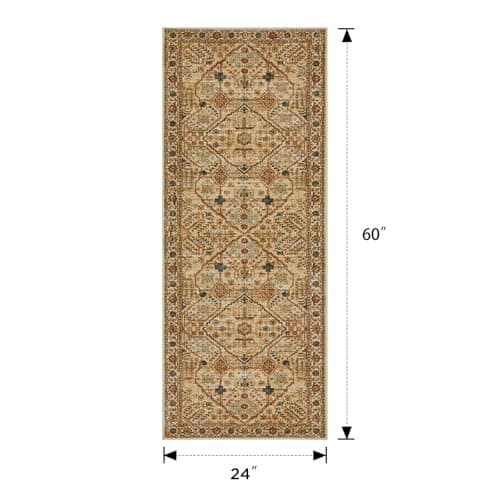 Joydeco Runner Rug 2x5 Non Slip Machine Washable Vintage Hallway Carpet Runner, Low Pile Lightweight Chenille Print Rugs for Entryway, Hallway, Bedroom, Kitchen and Corridor, Tan - Thumbnail 2
