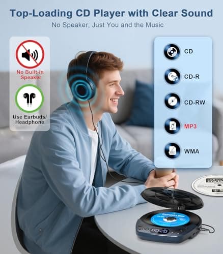 Portable CD Player with Headphones, Rechargeable Discman CD Player for Car & Home, Small CD Players Portable with 60s Anti-Skip, Supports CD/MP3/WMA/TF Card/AUX, Backlit/Lock/Programmable/Timer - Thumbnail 2