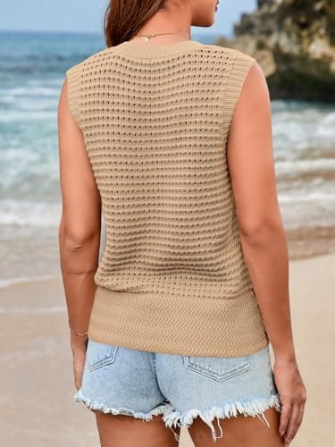 Saodimallsu Womens Summer Crochet Cover Up Sleeveless Scoop Neck Mesh Knit Beach Vacation Sweater Vest Khaki - Thumbnail 5