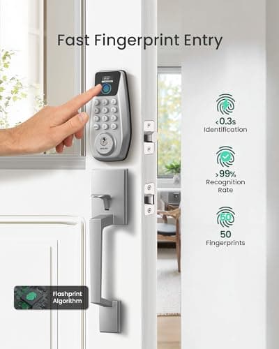 DESLOC C110 Keyless Entry Door Lock with Handle Set&Display (Smart Screen), Fingerprint Door Locks, Keypad Deadbolt, Auto-Lock, Backlit Keys, Passage Mode, IP54 Waterproof - Thumbnail 2