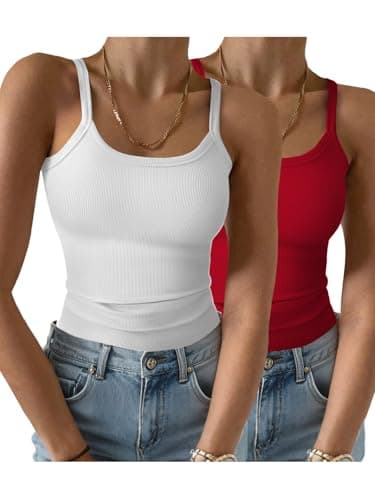 GKBK 2 Pack Womens Sleeveless Tank Top Form Fitting Spaghetti Strap Scoop Neck Ribbed Knit Workout Lounge Basic Slim Fitted Crop Summer 2025 Cami Layering Casual Shirts White Red XL - Image 1