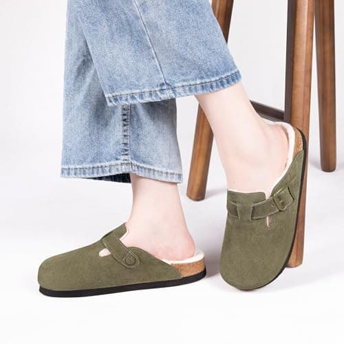 Fuzzy Suede Clogs for Women Fur Lined Leather Mules Soft Non Slip Potato Shoes with Arch Support Green - Thumbnail 2